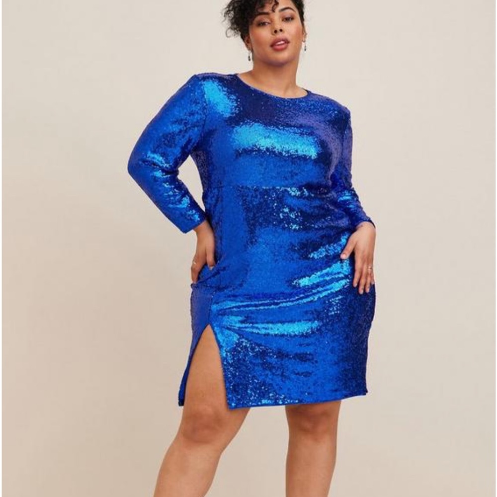 NWT Torrid At The Knee Sequin Strong Shoulder Dress - Surf the Web (Blue)